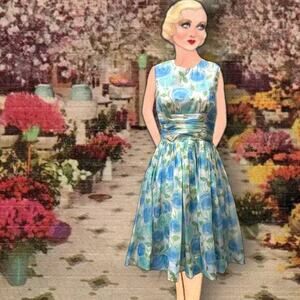 1950s Blue Rose Chiffon Party Tea Dress XS 24” Waist Full Skirt USA Floral VNTG